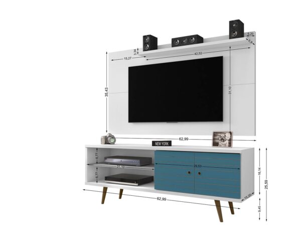 Manhattan Comfort Liberty 62.99 Mid-Century Modern TV Stand and Panel with Solid Wood Legs in White and Aqua Blue