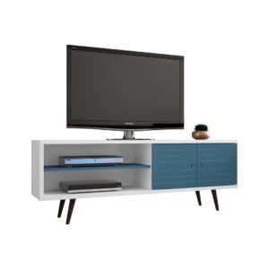 Manhattan Comfort Liberty 62.99 Mid-Century Modern TV Stand and Panel with Solid Wood Legs in White and Aqua Blue