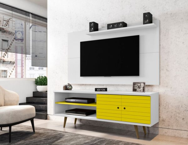 Manhattan Comfort Liberty 62.99 Mid-Century Modern TV Stand and Panel with Solid Wood Legs in White and Yellow