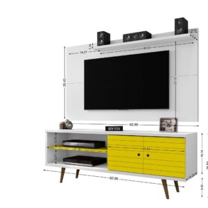 Manhattan Comfort Liberty 62.99 Mid-Century Modern TV Stand and Panel with Solid Wood Legs in White and Yellow