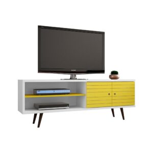 Manhattan Comfort Liberty 62.99 Mid-Century Modern TV Stand and Panel with Solid Wood Legs in White and Yellow