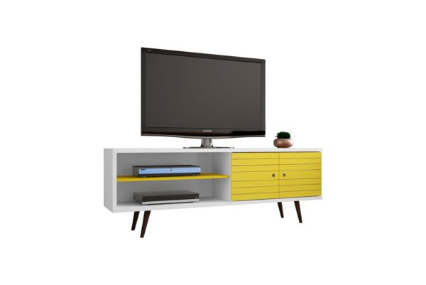 Manhattan Comfort Liberty 62.99 Mid-Century Modern TV Stand and Panel with Solid Wood Legs in White and Yellow