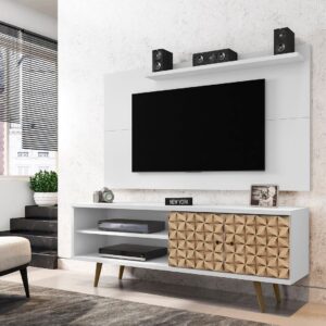 Manhattan Comfort Liberty 62.99 Mid-Century Modern TV Stand and Panel with Solid Wood Legs in White and 3D Brown Prints