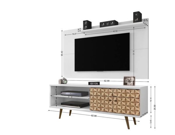 Manhattan Comfort Liberty 62.99 Mid-Century Modern TV Stand and Panel with Solid Wood Legs in White and 3D Brown Prints