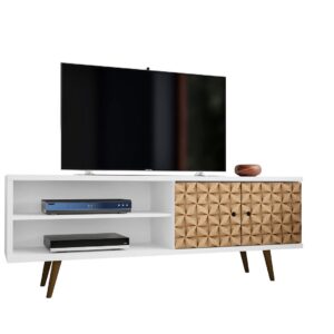 Manhattan Comfort Liberty 62.99 Mid-Century Modern TV Stand and Panel with Solid Wood Legs in White and 3D Brown Prints