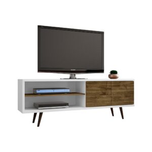 Manhattan Comfort Liberty 62.99 Mid-Century Modern TV Stand and Panel with Solid Wood Legs in White and Rustic Brown