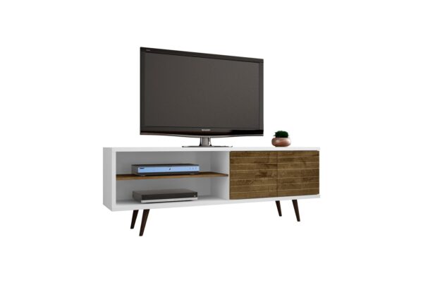 Manhattan Comfort Liberty 62.99 Mid-Century Modern TV Stand and Panel with Solid Wood Legs in White and Rustic Brown