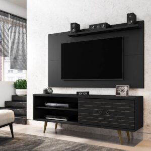 Manhattan Comfort Liberty 62.99 Mid-Century Modern TV Stand and Panel with Solid Wood Legs in Black