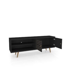 Manhattan Comfort Liberty 62.99 Mid-Century Modern TV Stand and Panel with Solid Wood Legs in Black