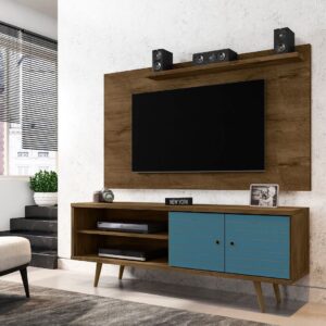 Manhattan Comfort Liberty 62.99 Mid-Century Modern TV Stand and Panel with Solid Wood Legs in Rustic Brown and Aqua Blue