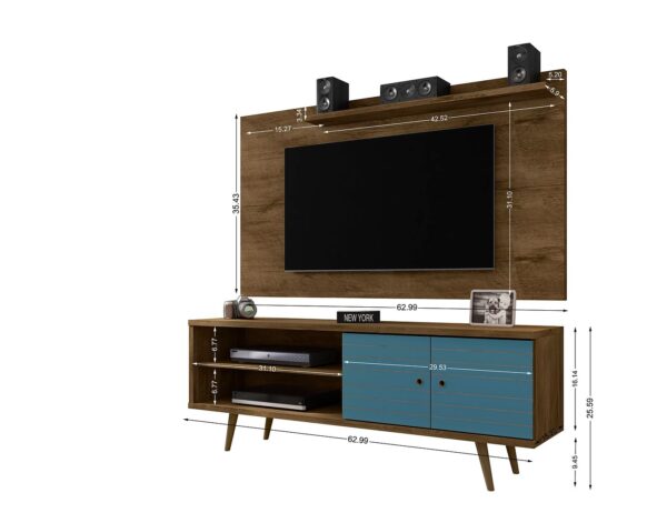 Manhattan Comfort Liberty 62.99 Mid-Century Modern TV Stand and Panel with Solid Wood Legs in Rustic Brown and Aqua Blue