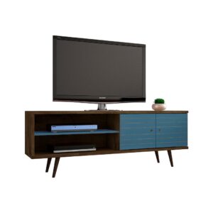 Manhattan Comfort Liberty 62.99 Mid-Century Modern TV Stand and Panel with Solid Wood Legs in Rustic Brown and Aqua Blue