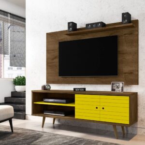 Manhattan Comfort Liberty 62.99 Mid-Century Modern TV Stand and Panel with Solid Wood Legs in Rustic Brown and Yellow