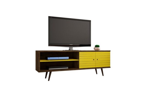 Manhattan Comfort Liberty 62.99 Mid-Century Modern TV Stand and Panel with Solid Wood Legs in Rustic Brown and Yellow