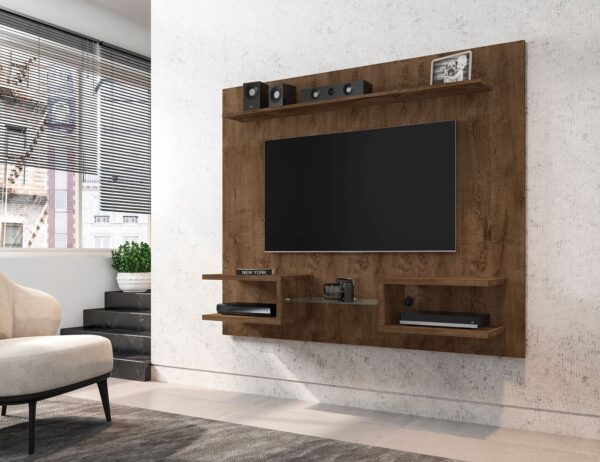 Manhattan Comfort Plaza 64.25 Modern Floating Wall Entertainment Center with Display Shelves in Rustic Brown