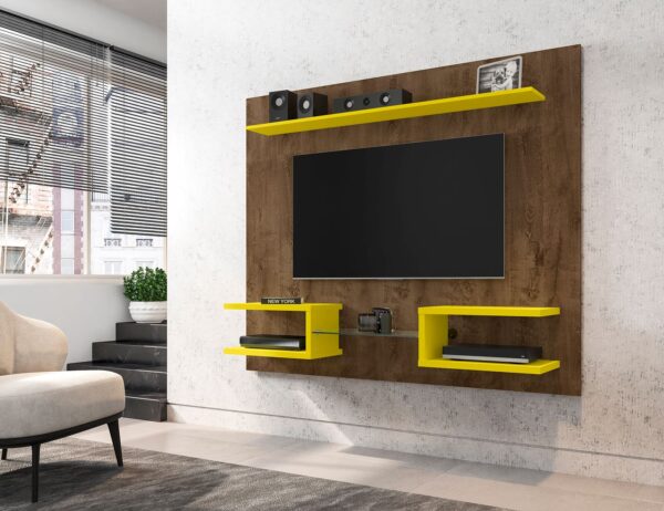 Manhattan Comfort Plaza 64.25 Modern Floating Wall Entertainment Center with Display Shelves in Rustic Brown and Yellow