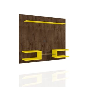 Manhattan Comfort Plaza 64.25 Modern Floating Wall Entertainment Center with Display Shelves in Rustic Brown and Yellow