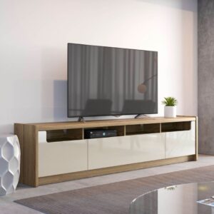 Manhattan Comfort Munoz 87.12" TV Stand with 3 Compartments and Media Shelves in Off White Gloss