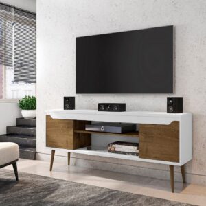 Manhattan Comfort Bradley 62.99 TV Stand White and Rustic Brown with 2 Media Shelves and 2 Storage Shelves in White and Rustic Brown with Solid Wood Legs