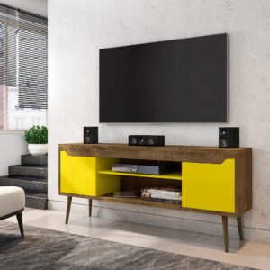 Manhattan Comfort Bradley 62.99 TV Stand Rustic Brown and Yellow with 2 Media Shelves and 2 Storage Shelves in Rustic Brown and Yellow with Solid Wood Legs