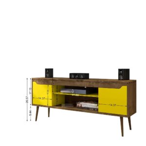 Manhattan Comfort Bradley 62.99 TV Stand Rustic Brown and Yellow with 2 Media Shelves and 2 Storage Shelves in Rustic Brown and Yellow with Solid Wood Legs