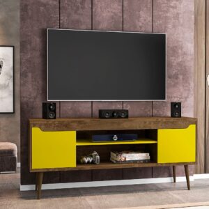 Manhattan Comfort Bradley 62.99 TV Stand Rustic Brown and Yellow with 2 Media Shelves and 2 Storage Shelves in Rustic Brown and Yellow with Solid Wood Legs