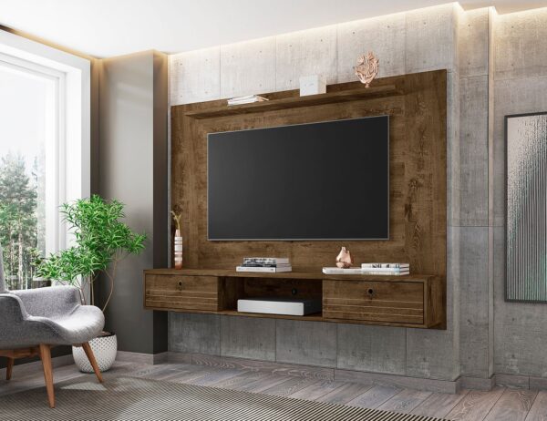 Manhattan Comfort Liberty 70.86 Floating Wall Entertainment Center with Overhead Shelf in Rustic Brown