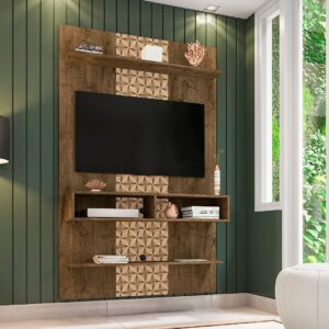 Manhattan Comfort Libra Long Floating 45.35 Wall Entertainment Center with Overhead Shelf in Rustic Brown and 3D Brown Prints