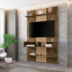 Manhattan Comfort Libra Long Floating 45.35 Wall Entertainment Center with Overhead Shelf in Rustic Brown and 3D Brown Prints