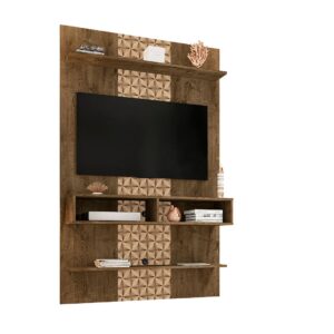 Manhattan Comfort Libra Long Floating 45.35 Wall Entertainment Center with Overhead Shelf in Rustic Brown and 3D Brown Prints