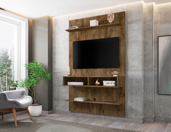 Manhattan Comfort Libra Long Floating 45.35 Wall Entertainment Center with Overhead Shelf in Rustic Brown