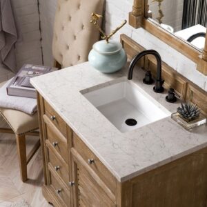 James Martin 238-104-5511-3EJP Savannah 36 Inch Single Vanity Cabinet in Driftwood with 3 cm Eternal Jasmine Pearl Quartz Top with Sink