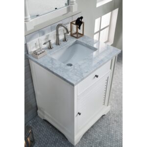 James Martin 238-104-V26-BW-3CAR Savannah 26 Inch Bright White Single Vanity with 3 cm Carrara Marble Top