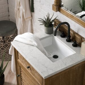 James Martin 238-104-V26-DRF-3EJP Savannah 26 Inch Single Vanity Cabinet in Driftwood with 3 cm Eternal Jasmine Pearl Quartz Top with Sink