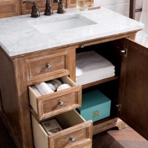 James Martin 238-105-5511-3CAR Providence 36 Inch Driftwood Single Vanity with 3 cm Carrara Marble Top