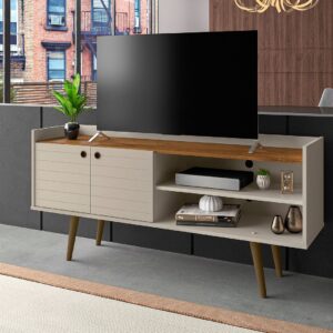 Manhattan Comfort Bogart 53.54" Mid-Century Modern TV Stand in Off-White and Nature