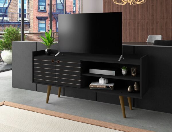 Manhattan Comfort Bogart 53.54" Mid-Century Modern TV Stand in Black and Nature