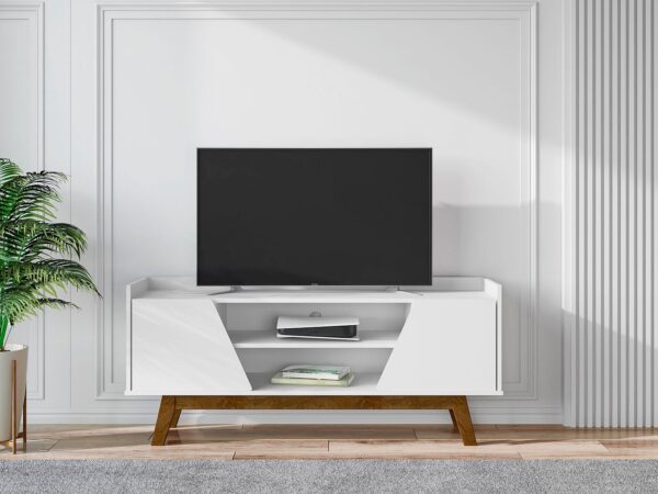 Manhattan Comfort Mid-Century Modern Marcus 53.14 TV Stand with Solid Wood Legs in White