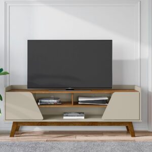 Manhattan Comfort Mid-Century Modern Marcus 62.99 TV Stand with Solid Wood Legs in Greige and Nature