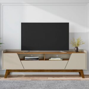 Manhattan Comfort Mid-Century Modern Marcus 70.86 TV Stand with Solid Wood Legs in Greige and Nature