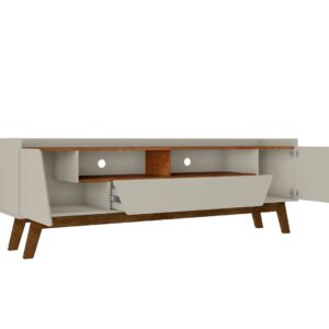 Manhattan Comfort Mid-Century Modern Marcus 70.86 TV Stand with Solid Wood Legs in Greige and Nature