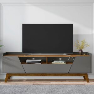 Manhattan Comfort Mid-Century Modern Marcus 70.86 TV Stand with Solid Wood Legs in Grey and Nature