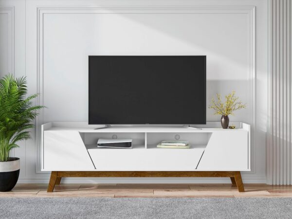 Manhattan Comfort Mid-Century Modern Marcus 70.86 TV Stand with Solid Wood Legs in White