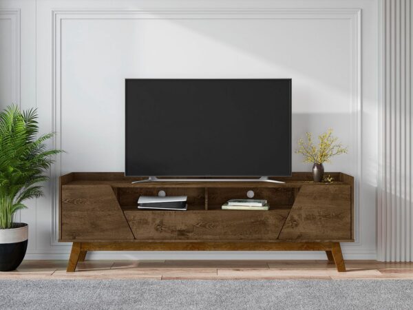 Manhattan Comfort Mid-Century Modern Marcus 70.86 TV Stand with Solid Wood Legs in  Rustic Brown