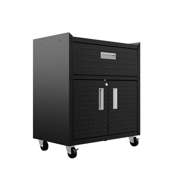 Manhattan Comfort Fortress Textured Metal 31.5" Garage Mobile Cabinet with 1 Full Extension Drawer and 2 Adjustable Shelves in Charcoal Grey