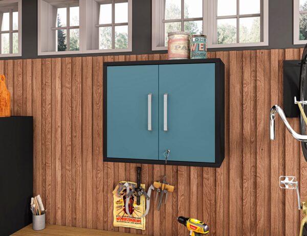 Manhattan Comfort Eiffel Floating Garage Cabinet in Matte Black and Aqua Blue (Set of 3)