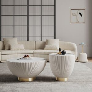 Manhattan Comfort Modern Anderson Coffee Table, End Table 1.0, and End Table 2.0 Upholstered in Cream Leatherette with Ceramic Faux Tabletop and Gold Metal Tabletop- Set of 3