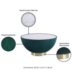 Manhattan Comfort Modern Anderson Coffee Table, End Table 1.0, and End Table 2.0 Upholstered in Green Leatherette with Ceramic Faux Tabletop and Gold Metal Tabletop- Set of 3