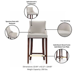 Manhattan Comfort Modern Shubert Barstool Upholstered in Light Grey Leatherette with Beech Wood Legs - Set of 3