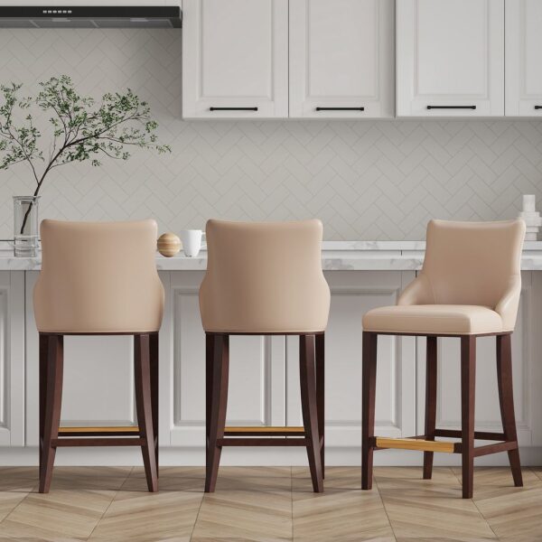 Manhattan Comfort Modern Shubert Barstool Upholstered in Tan Leatherette with Beech Wood Legs - Set of 3